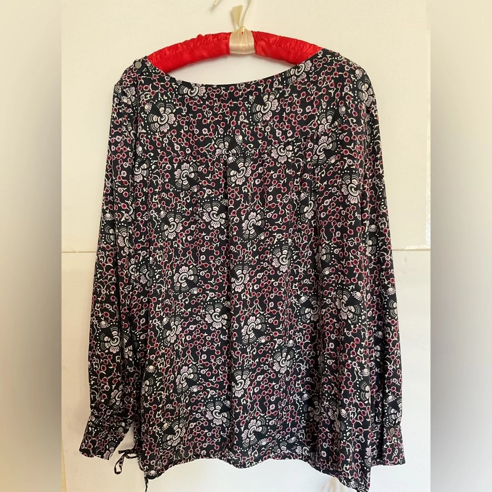 LOFT Floral Blouse XXL Black Pink Long Sleeve Boho Button Tab - Picture 2 of 7